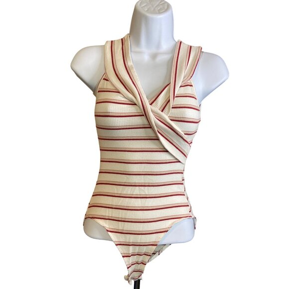 Charlotte Russe Womens Bodysuit Small White Red Striped Sleeveless Wrap Ribbed - Picture 1 of 7